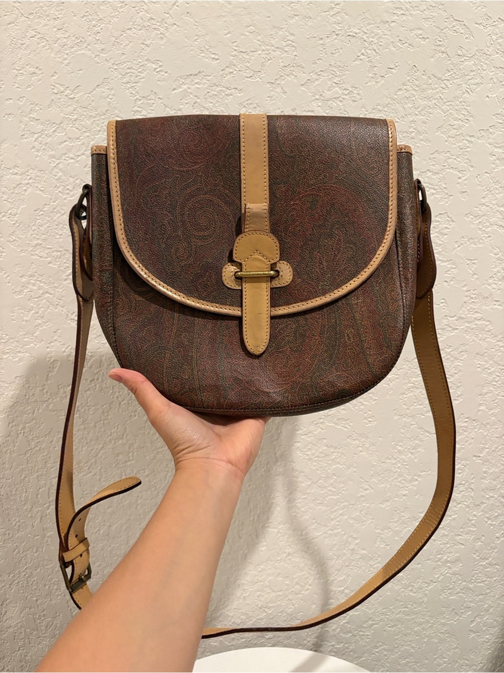 Etro Vintage Brown Paisley Crossbody Bag with Tan Trim
